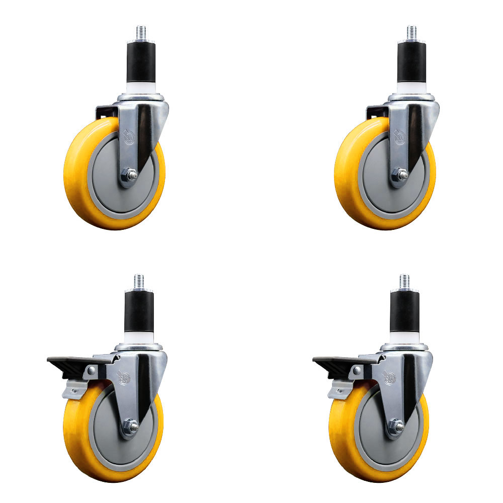 Polyurethane Swivel Expanding Stem Caster Set of 4 with 5 Inch Yellow Wheels and 1-1/2" Stems - Includes 2 with Posi Locking Brakes - 1400 lbs Total Capacity - Service Caster Brand — photo 1