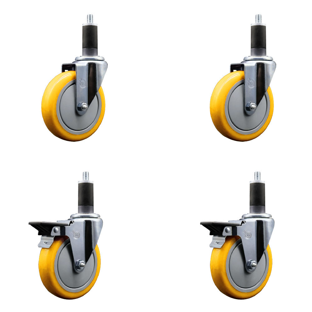 Polyurethane Swivel Expanding Stem Caster Set of 4 with 5 Inch Yellow Wheels and 1-1/4" Stems - Includes 2 with Posi Locking Brakes - 1400 lbs Total Capacity - Service Caster Brand — photo 1