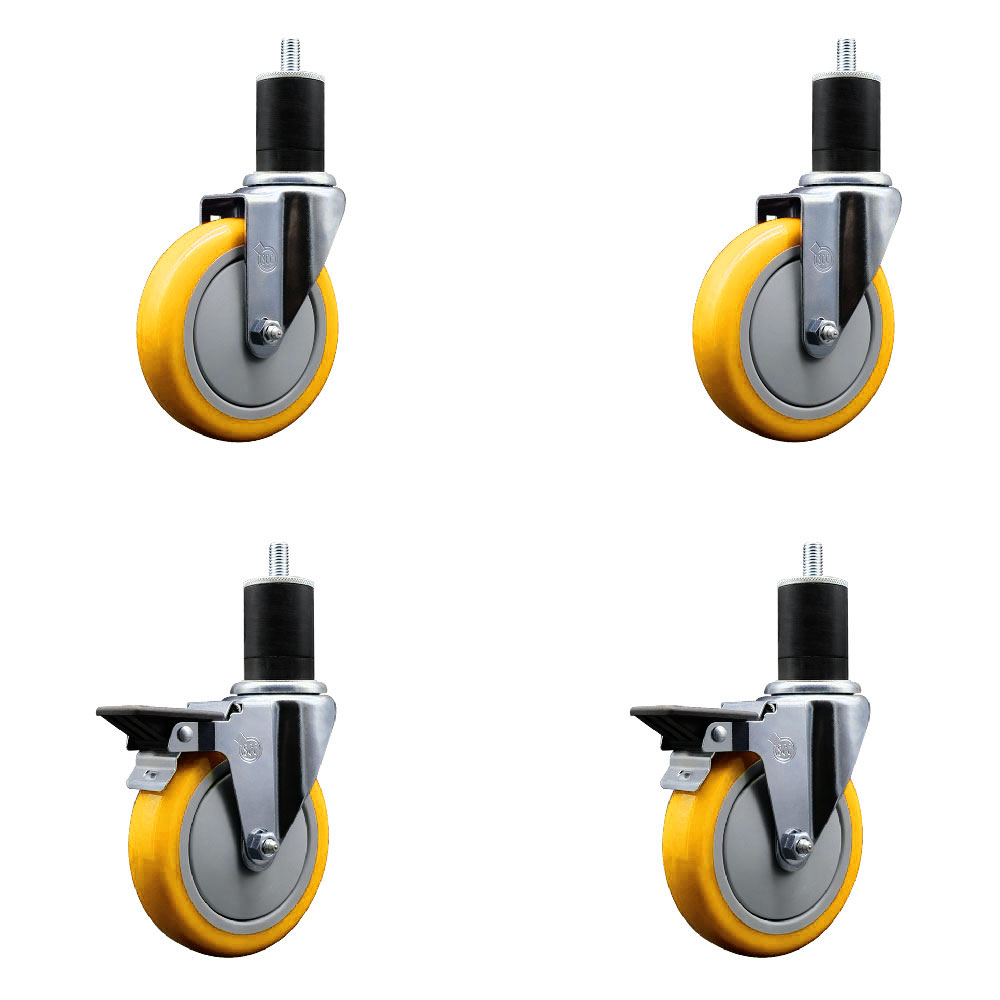 Polyurethane Swivel Expanding Stem Caster Set of 4 with 5 Inch Yellow Wheels and 1-3/4" Stems - Includes 2 with Posi Locking Brakes - 1400 lbs Total Capacity - Service Caster Brand — photo 1