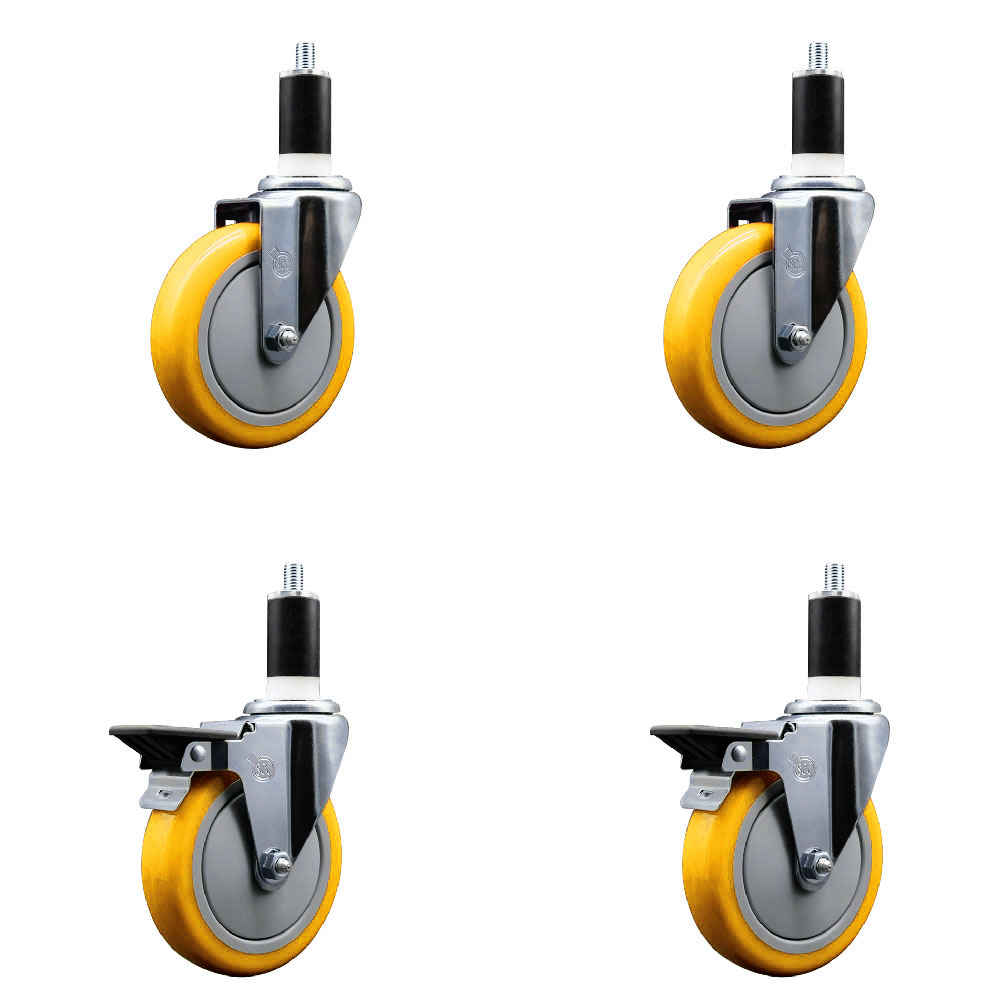 Polyurethane Swivel Expanding Stem Caster Set of 4 with 5 Inch Yellow Wheels and 1-3/8" Stems - Includes 2 with Posi Locking Brakes - 1400 lbs Total Capacity - Service Caster Brand — photo 1
