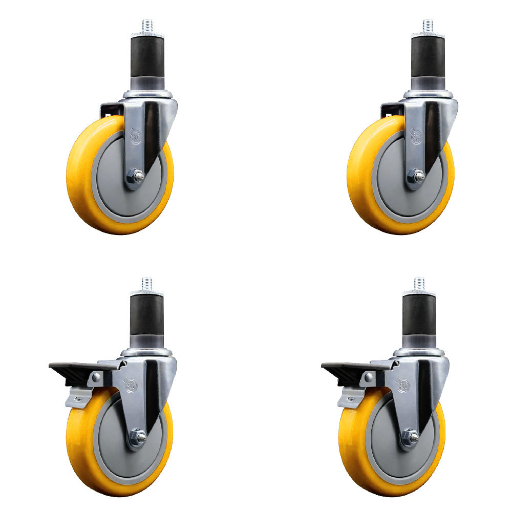 Polyurethane Swivel Expanding Stem Caster Set of 4 with 5 Inch Yellow Wheels and 1-5/8" Stems - Includes 2 with Posi Locking Brakes - 1400 lbs Total Capacity - Service Caster Brand — photo 1