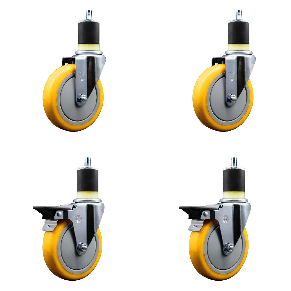 Polyurethane Swivel Expanding Stem Caster Set of 4 with 5 Inch Yellow Wheels and 1-7/8" Stems - Includes 2 with Posi Locking Brakes - 1400 lbs Total Capacity - Service Caster Brand — photo 1