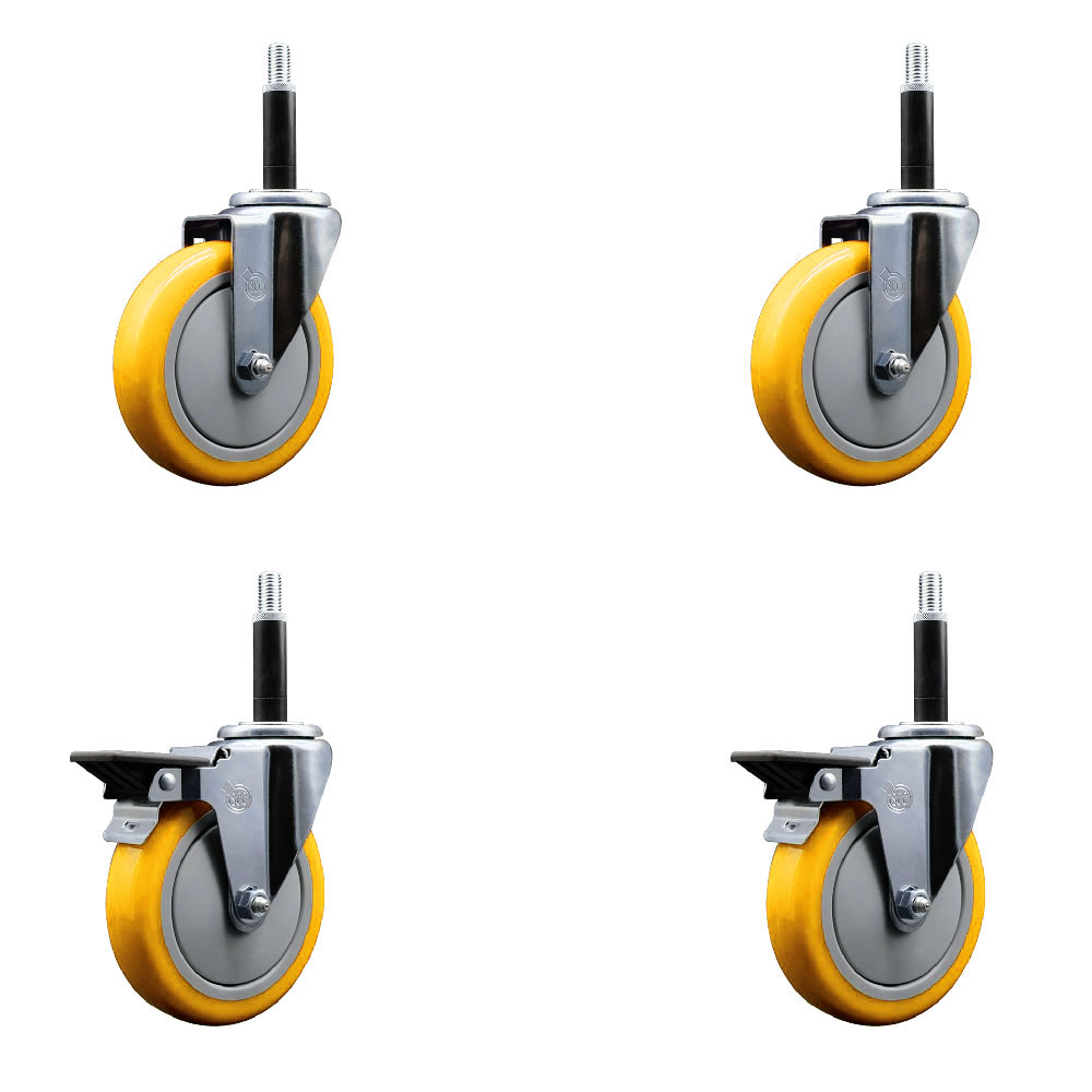 Polyurethane Swivel Expanding Stem Caster Set of 4 with 5 Inch Yellow Wheels and 3/4" Stems - Includes 2 with Posi Locking Brakes - 1400 lbs Total Capacity - Service Caster Brand — photo 1