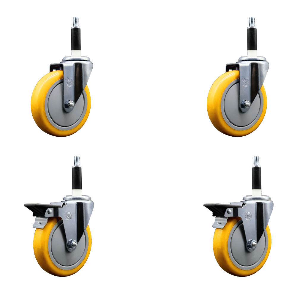Polyurethane Swivel Expanding Stem Caster Set of 4 with 5 Inch Yellow Wheels and 7/8" Stems - Includes 2 with Posi Locking Brakes - 1400 lbs Total Capacity - Service Caster Brand — photo 1