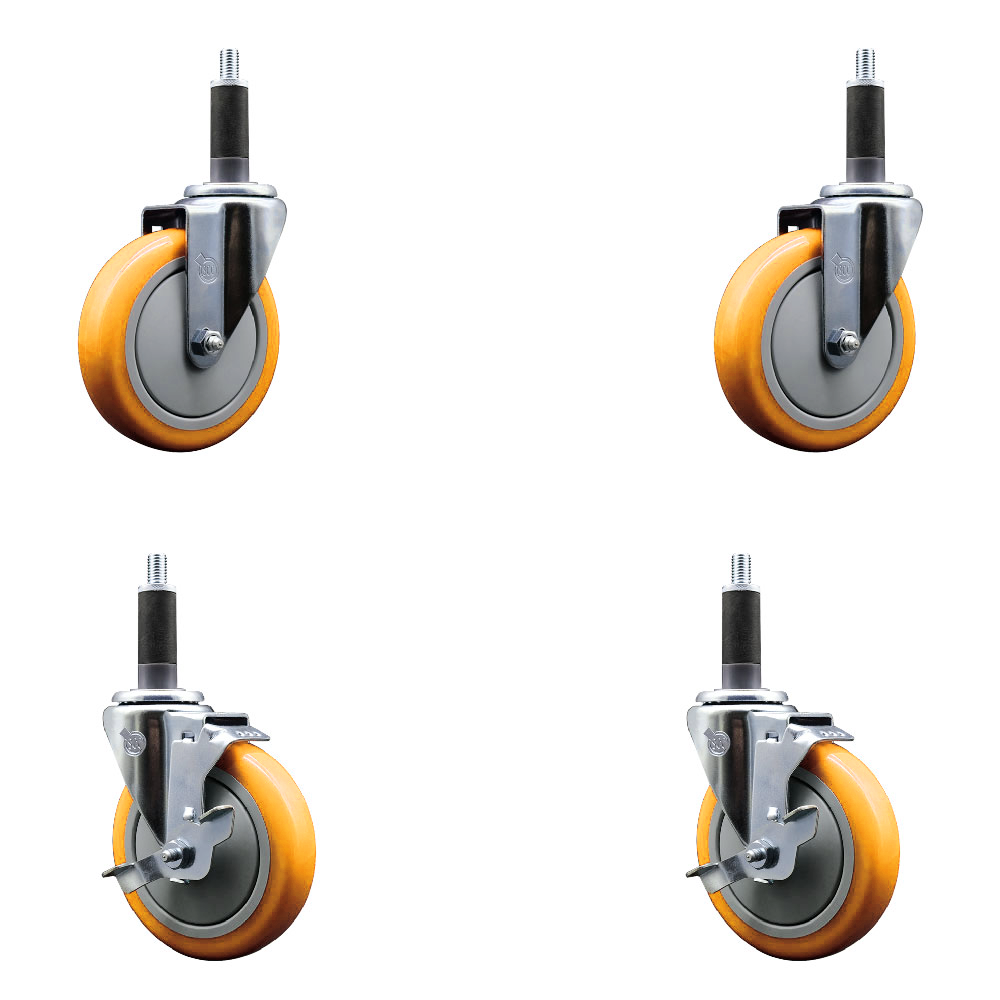 Stainless Steel Polyurethane Swivel Expanding Stem Caster Set of 4 with 5 Inch Yellow Wheels and 1" Stems - Includes 2 with Top Locking Brakes - 1400 lbs Total Capacity - Service Caster Brand — photo 1