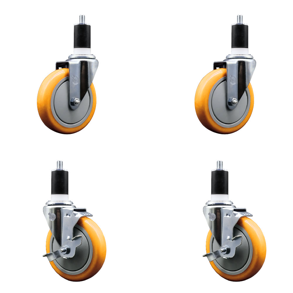 Stainless Steel Polyurethane Swivel Expanding Stem Caster Set of 4 with 5 Inch Yellow Wheels and 1-1/2" Stems - Includes 2 with Top Locking Brakes - 1400 lbs Total Capacity - Service Caster Brand — photo 1