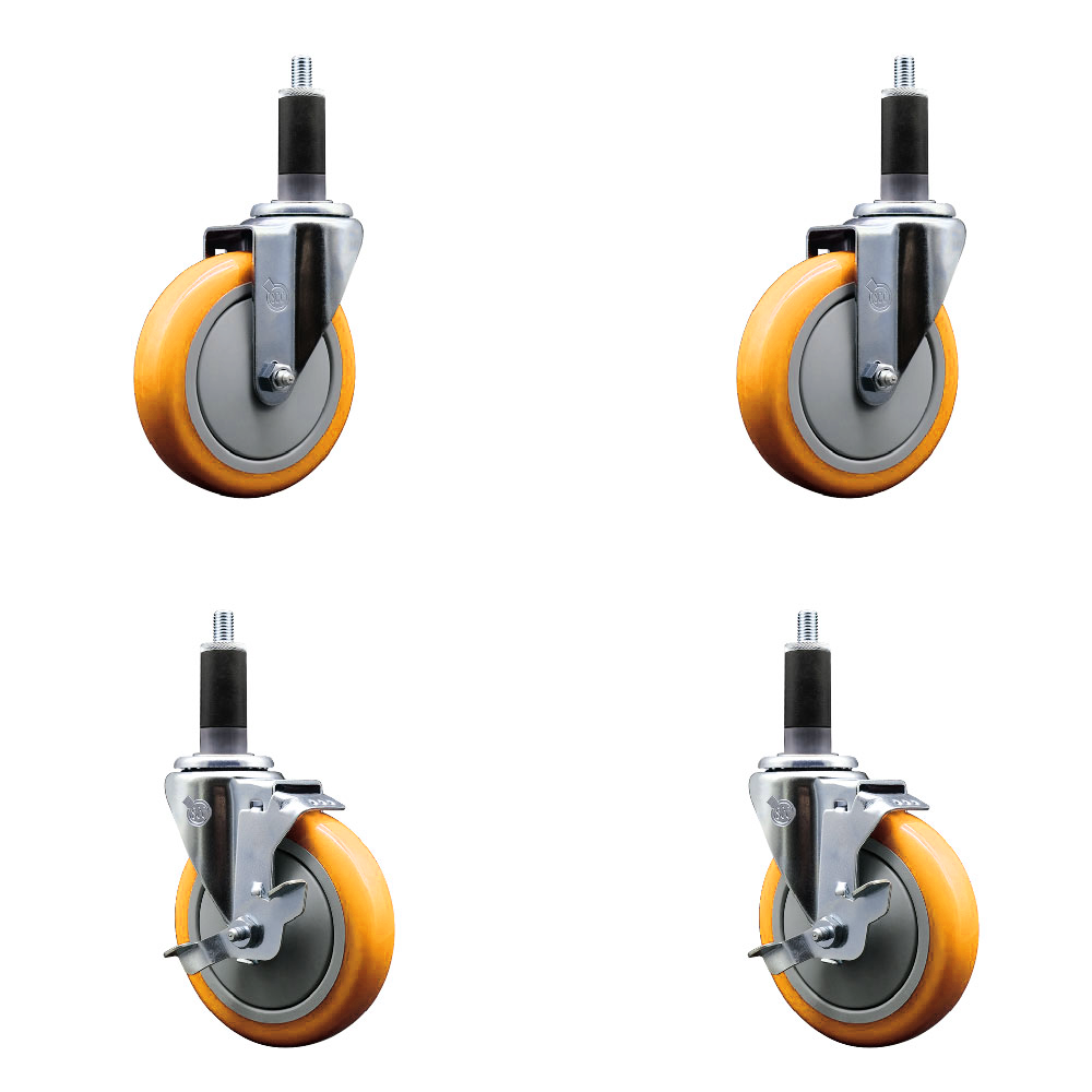 Polyurethane Swivel Expanding Stem Caster Set of 4 with 5 Inch Yellow Wheels and 1-1/8" Stems - Includes 2 with Top Locking Brakes - 1400 lbs Total Capacity - Service Caster Brand — photo 1