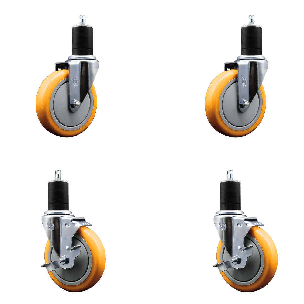 Polyurethane Swivel Stem Caster Set of 4 with 5 Inch Yellow Caster Wheels - 1-3/4" Expanding Stems -316 Stainless Steel Casters-Includes 2 Swivel with Top Lock Brakes and 2 Swivel-Service Caster Brand — photo 1