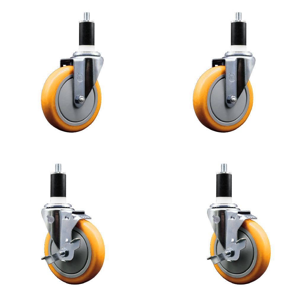 Polyurethane Swivel Stem Caster Set of 4 with 5 Inch Yellow Caster Wheels - 1-3/8" Expanding Stems -316 Stainless Steel Casters-Includes 2 Swivel with Top Lock Brakes and 2 Swivel-Service Caster Brand — photo 1