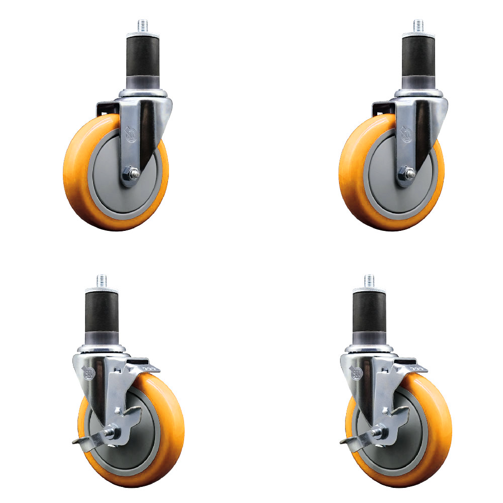 Stainless Steel Polyurethane Swivel Expanding Stem Caster Set of 4 with 5 Inch Yellow Wheels and 1-5/8" Stems - Includes 2 with Top Locking Brakes - 1400 lbs Total Capacity - Service Caster Brand — photo 1
