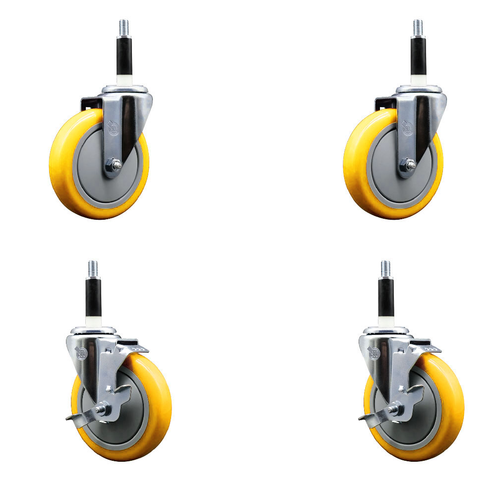 Stainless Steel Polyurethane Swivel Expanding Stem Caster Set of 4 with 5 Inch Yellow Wheels and 7/8" Stems - Includes 2 with Top Locking Brakes - 1400 lbs Total Capacity - Service Caster Brand — photo 1