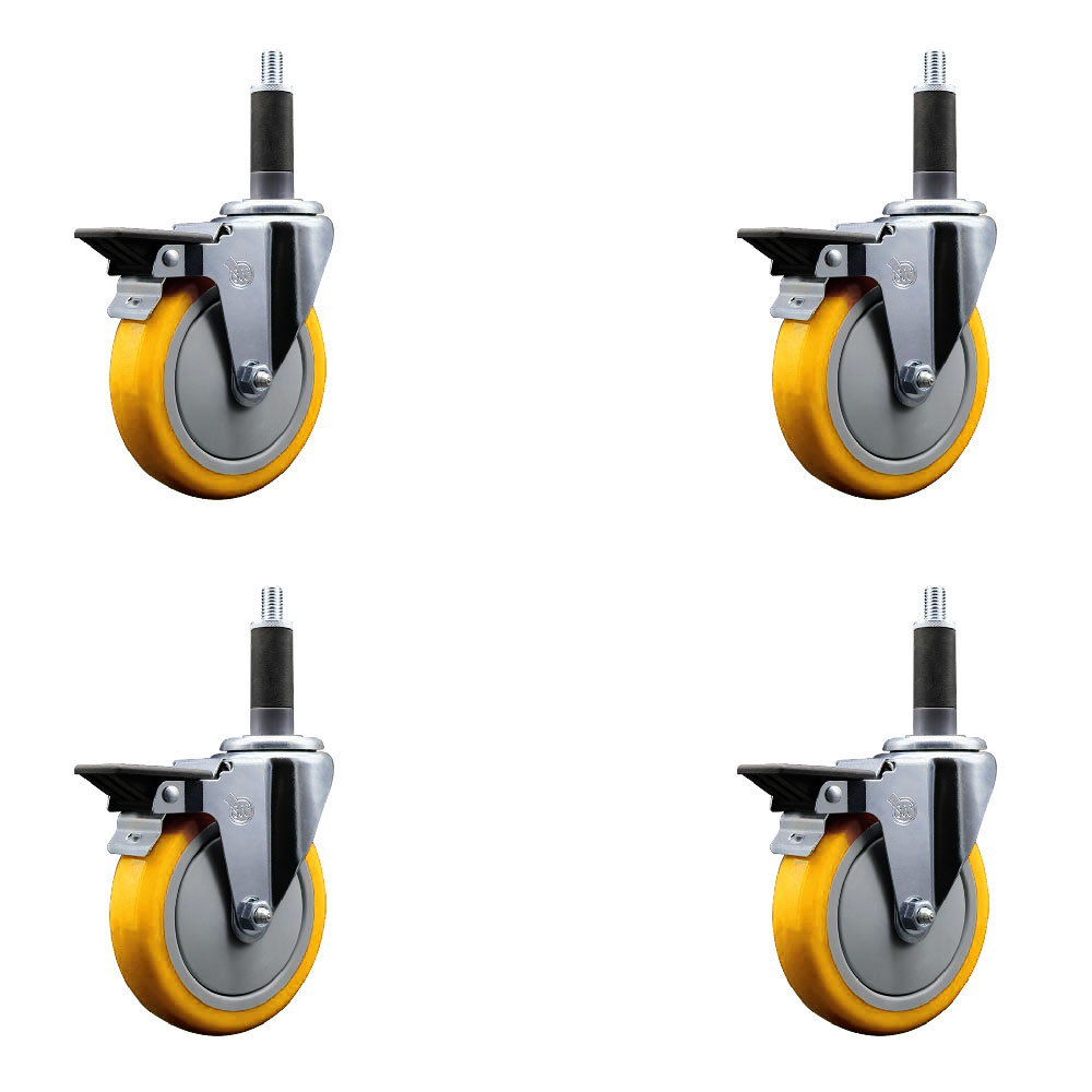 Polyurethane Swivel Expanding Stem Caster Set of 4 with 5 Inch Yellow Wheels and 1" Stems - Includes 4 Swivel with Posi Locking Brakes - 350 lbs. Capacity Per Caster - Service Caster Brand — photo 1