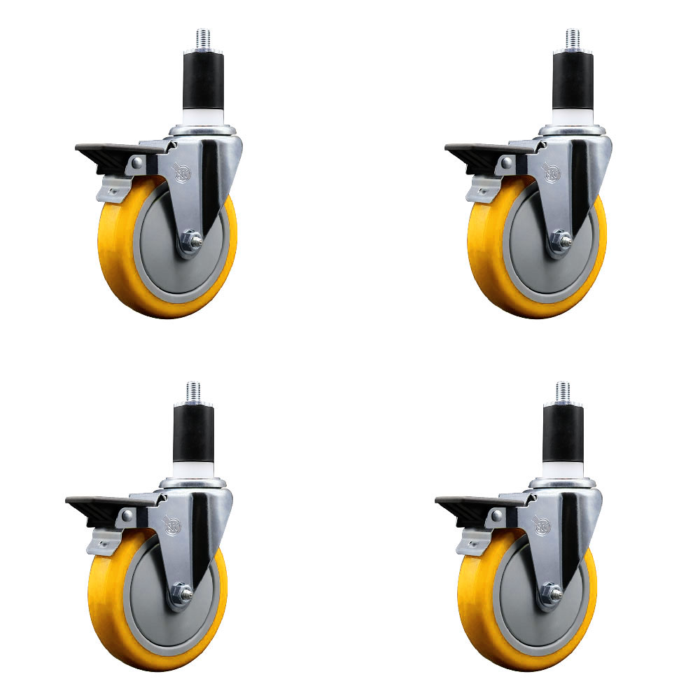 Polyurethane Swivel Expanding Stem Caster Set of 4 with 5 Inch Yellow Wheels and 1-1/2" Stems - Includes 4 Swivel with Posi Locking Brakes - 350 lbs. Capacity Per Caster - Service Caster Brand — photo 1