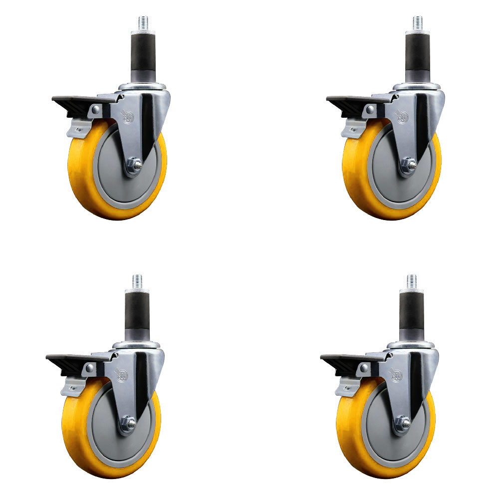 Polyurethane Swivel Expanding Stem Caster Set of 4 with 5 Inch Yellow Wheels and 1-1/4" Stems - Includes 4 Swivel with Posi Locking Brakes - 350 lbs. Capacity Per Caster - Service Caster Brand — photo 1