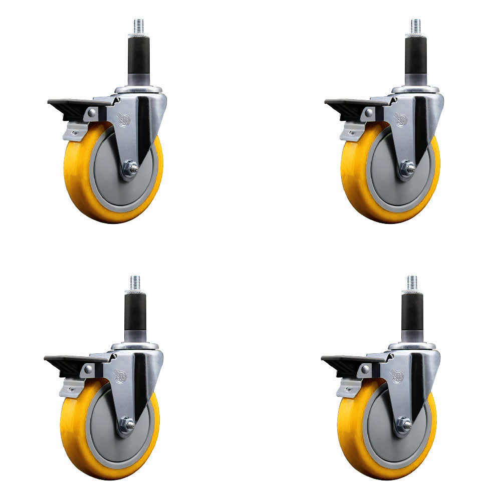 Polyurethane Swivel Expanding Stem Caster Set of 4 with 5 Inch Yellow Wheels and 1-1/8" Stems - Includes 4 Swivel with Posi Locking Brakes - 350 lbs. Capacity Per Caster - Service Caster Brand — photo 1