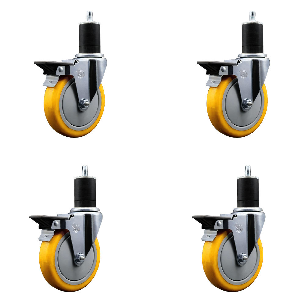 Polyurethane Swivel Expanding Stem Caster Set of 4 with 5 Inch Yellow Wheels and 1-3/4" Stems - Includes 4 Swivel with Posi Locking Brakes - 350 lbs. Capacity Per Caster - Service Caster Brand — photo 1