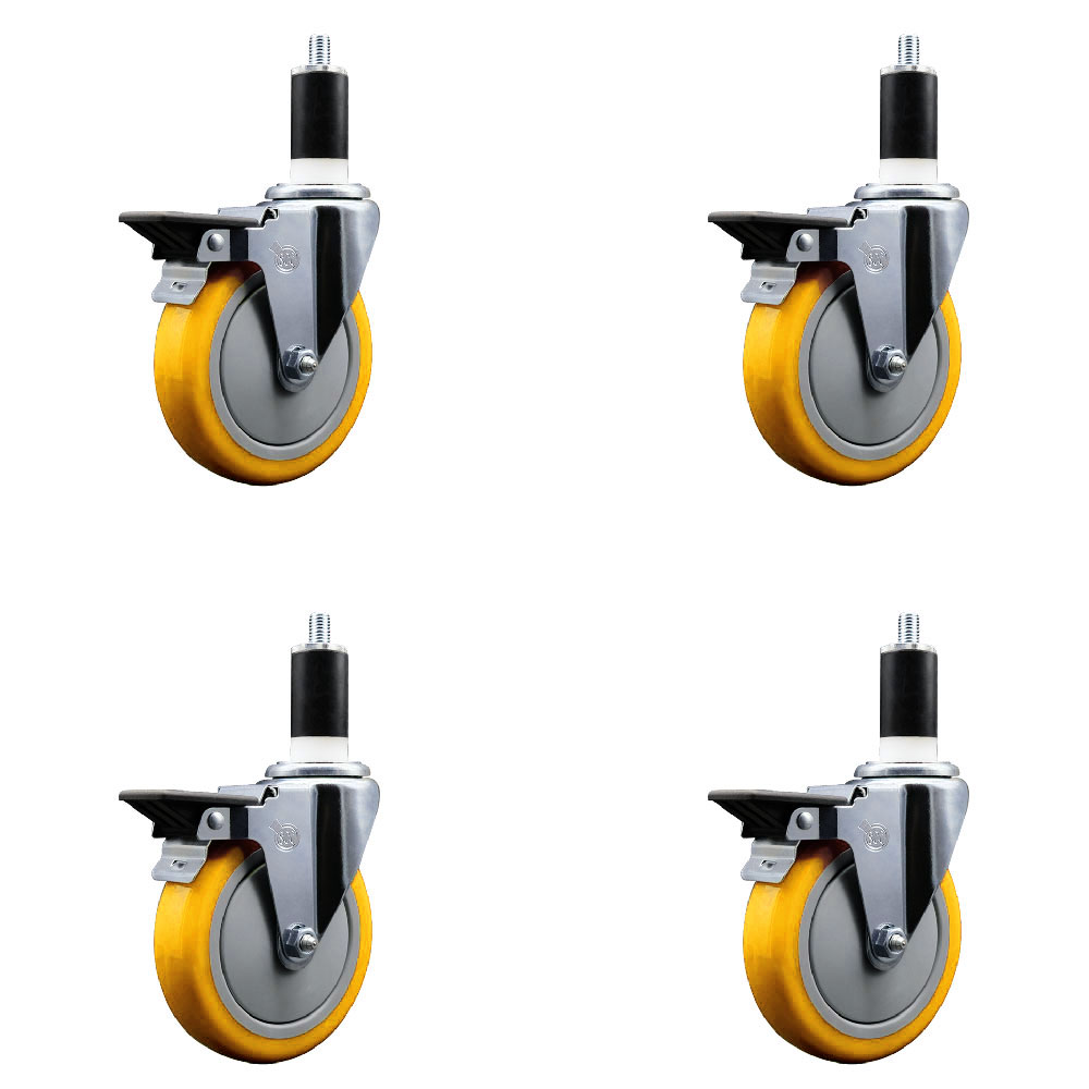 Polyurethane Swivel Expanding Stem Caster Set of 4 with 5 Inch Yellow Wheels and 1-3/8" Stems - Includes 4 Swivel with Posi Locking Brakes - 350 lbs. Capacity Per Caster - Service Caster Brand — photo 1