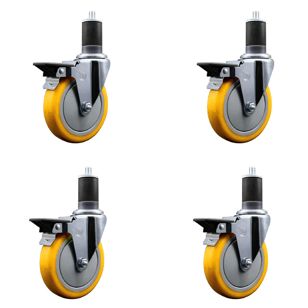 Polyurethane Swivel Expanding Stem Caster Set of 4 with 5 Inch Yellow Wheels and 1-5/8" Stems - Includes 4 Swivel with Posi Locking Brakes - 350 lbs. Capacity Per Caster - Service Caster Brand — photo 1
