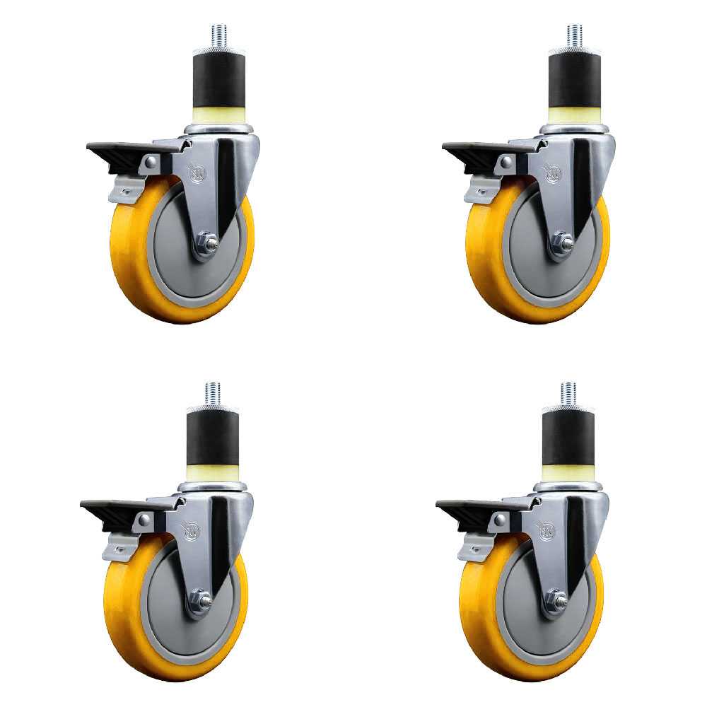 Polyurethane Swivel Expanding Stem Caster Set of 4 with 5 Inch Yellow Wheels and 1-7/8" Stems - Includes 4 Swivel with Posi Locking Brakes - 350 lbs. Capacity Per Caster - Service Caster Brand — photo 1