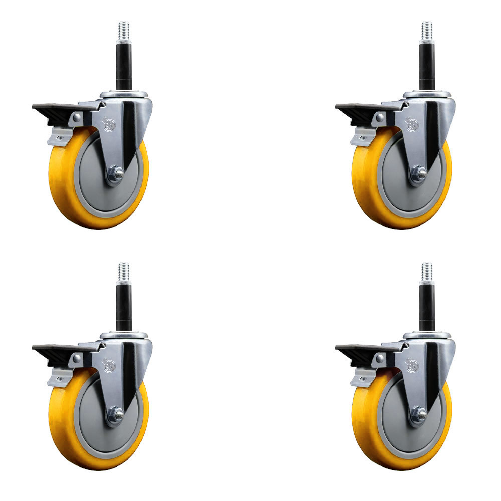 Polyurethane Swivel Expanding Stem Caster Set of 4 with 5 Inch Yellow Wheels and 3/4" Stems - Includes 4 Swivel with Posi Locking Brakes - 350 lbs. Capacity Per Caster - Service Caster Brand — photo 1