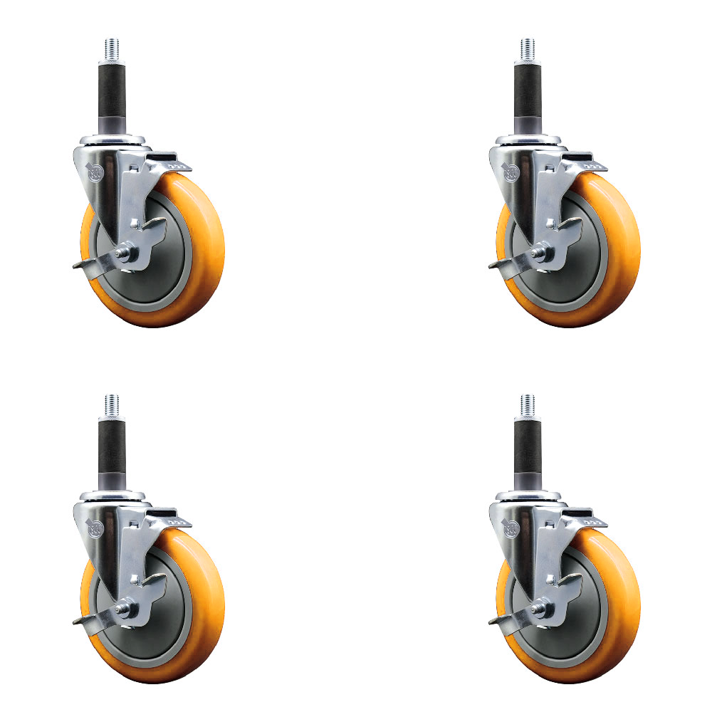 Stainless Steel Polyurethane Swivel Expanding Stem Caster Set of 4 with 5 Inch Yellow Wheels and 1" Stems -Includes 4 Swivel with Top Locking Brakes-350 lbs. Capacity Per Caster - Service Caster Brand — photo 1