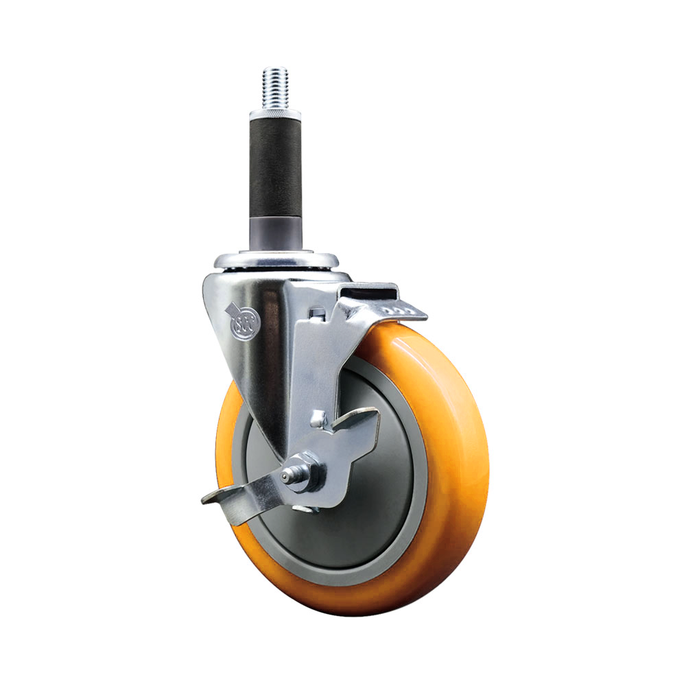 Stainless Steel Polyurethane Expanding Stem Swivel Caster with 5 Inch Yellow Wheel and 1" Stem & Top Locking Brake - 350 lbs. Capacity Per Caster - Service Caster Brand — photo 1