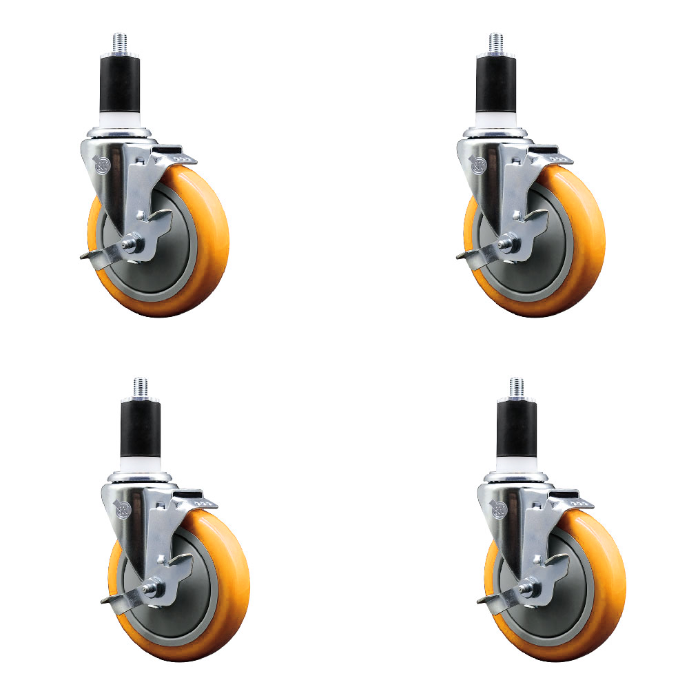 Stainless Steel Polyurethane Swivel Expanding Stem Caster Set of 4 with 5 Inch Yellow Wheels and 1-1/2" Stems-Includes 4 Swivel with Top Locking Brakes-350lbs. Capacity Per Caster-Service Caster Brand — photo 1