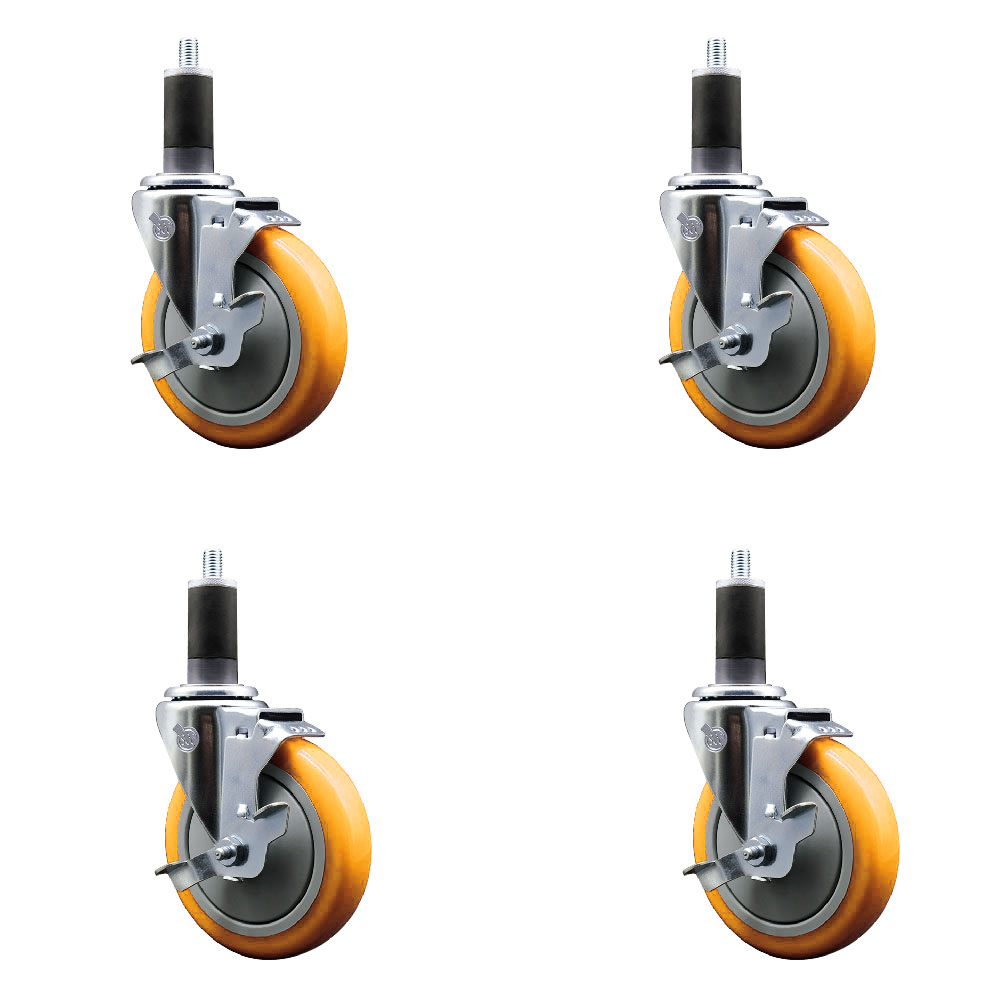 Polyurethane Swivel Expanding Stem Caster Set of 4 with 5 Inch Yellow Wheels and 1-1/4" Stems - Includes 4 Swivel with Top Locking Brakes - 350 lbs. Capacity Per Caster - Service Caster Brand — photo 1