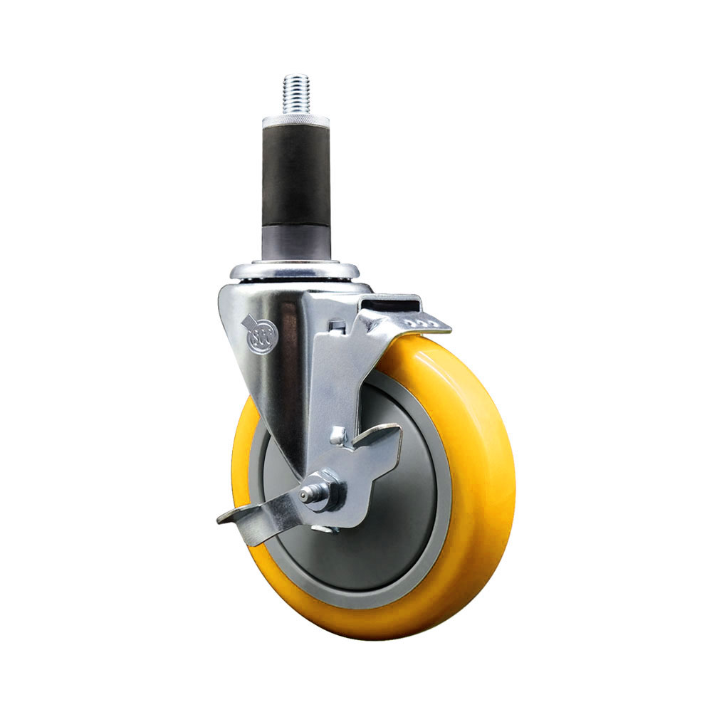 Polyurethane Swivel Stem Caster with 5 Inch Yellow Caster Wheel and Top Lock Brake - 1-1/4" Expanding Stem - 316 Stainless Steel Caster - 350 lbs. Capacity Per Caster - Service Caster Brand — photo 1