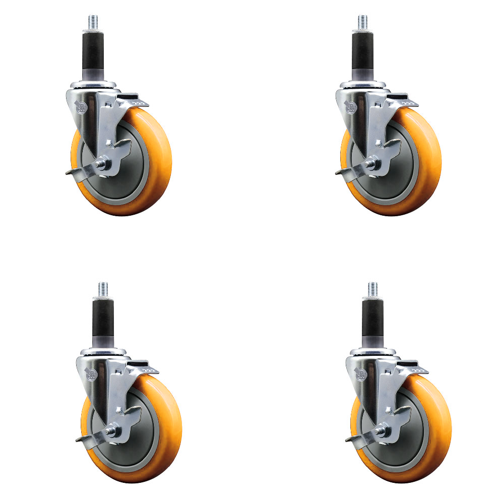 Polyurethane Swivel Expanding Stem Caster Set of 4 with 5 Inch Yellow Wheels and 1-1/8" Stems - Includes 4 Swivel with Top Locking Brakes - 350 lbs. Capacity Per Caster - Service Caster Brand — photo 1