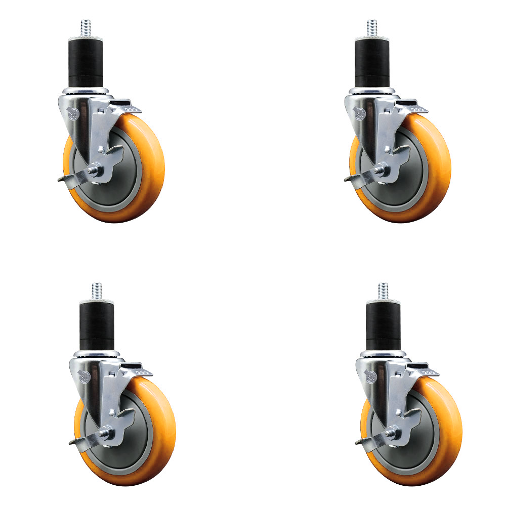 Polyurethane Swivel Stem Caster Set of 4 with 5 Inch Yellow Caster Wheels - 1-3/4" Expanding Stems - 316 Stainless Steel Casters - Includes 4 Swivel Casters with Top Lock Brakes - Service Caster Brand — photo 1