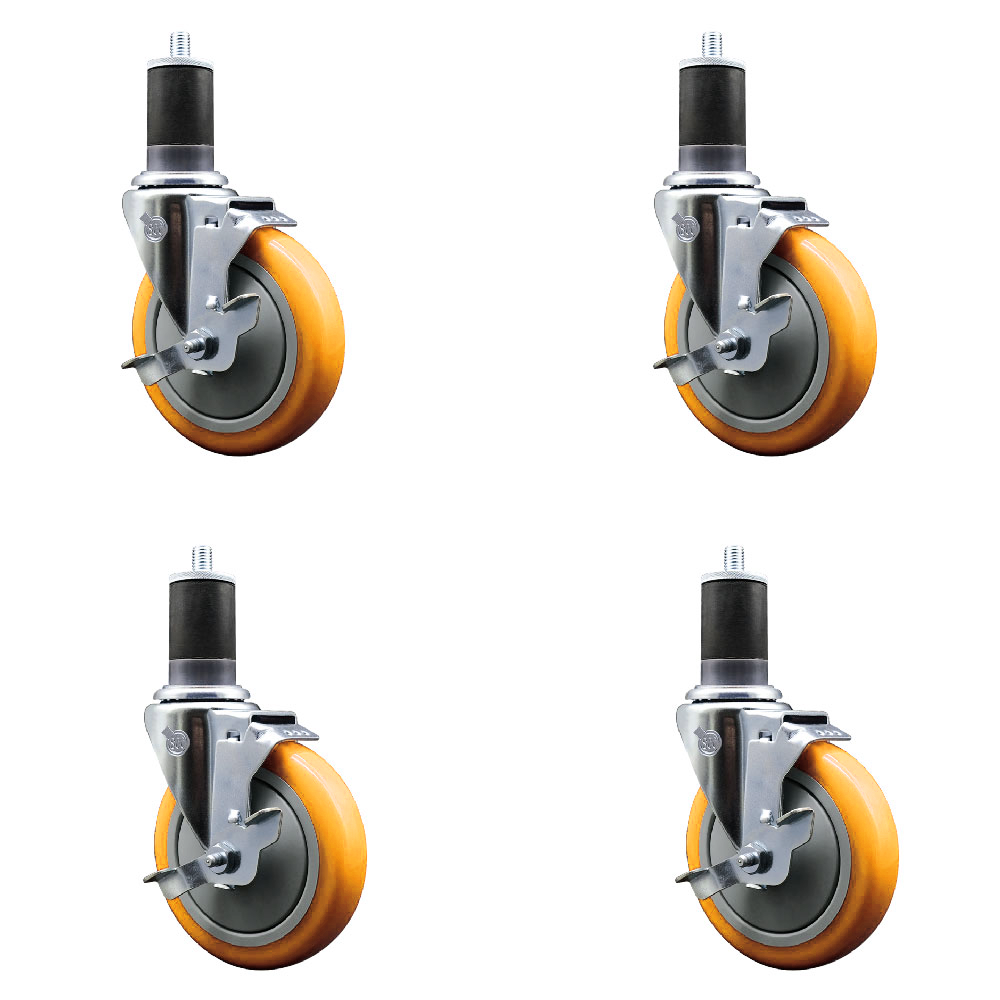 Polyurethane Swivel Stem Caster Set of 4 with 5 Inch Yellow Caster Wheels - 1-5/8" Expanding Stems - 316 Stainless Steel Casters - Includes 4 Swivel Casters with Top Lock Brakes - Service Caster Brand — photo 1