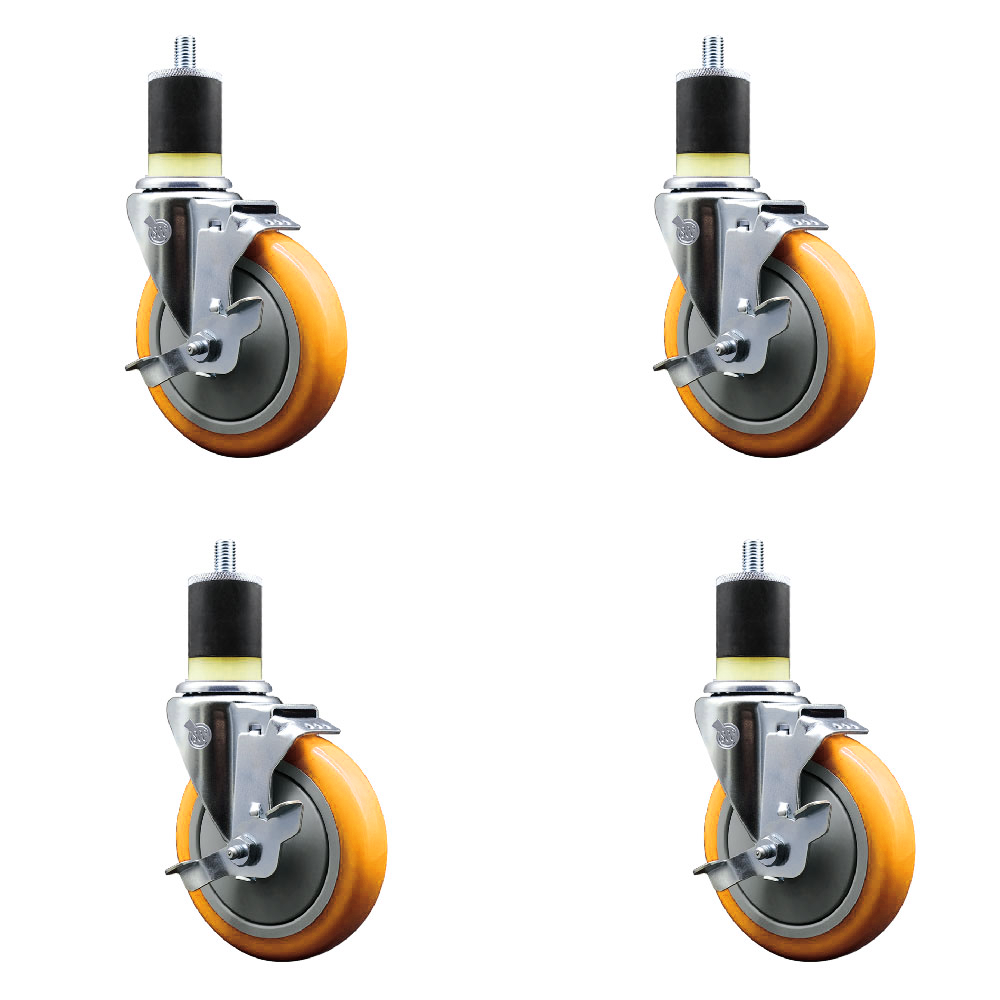 Polyurethane Swivel Expanding Stem Caster Set of 4 with 5 Inch Yellow Wheels and 1-7/8" Stems - Includes 4 Swivel with Top Locking Brakes - 350 lbs. Capacity Per Caster - Service Caster Brand — photo 1