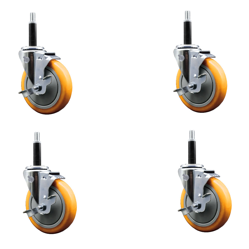 Stainless Steel Polyurethane Swivel Expanding Stem Caster Set of 4 with 5 Inch Yellow Wheels and 3/4" Stems-Includes 4 Swivel with Top Locking Brakes-350 lbs. Capacity Per Caster- Service Caster Brand — photo 1