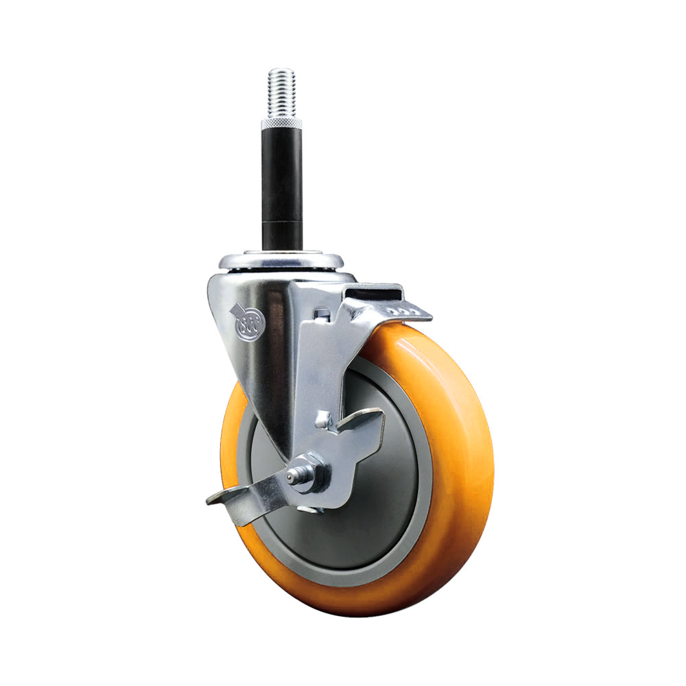 Polyurethane Swivel Stem Caster with 5 Inch Yellow Caster Wheel and Top Lock Brake - 3/4" Expanding Stem - 316 Stainless Steel Caster - 350 lbs. Capacity Per Caster - Service Caster Brand — photo 1