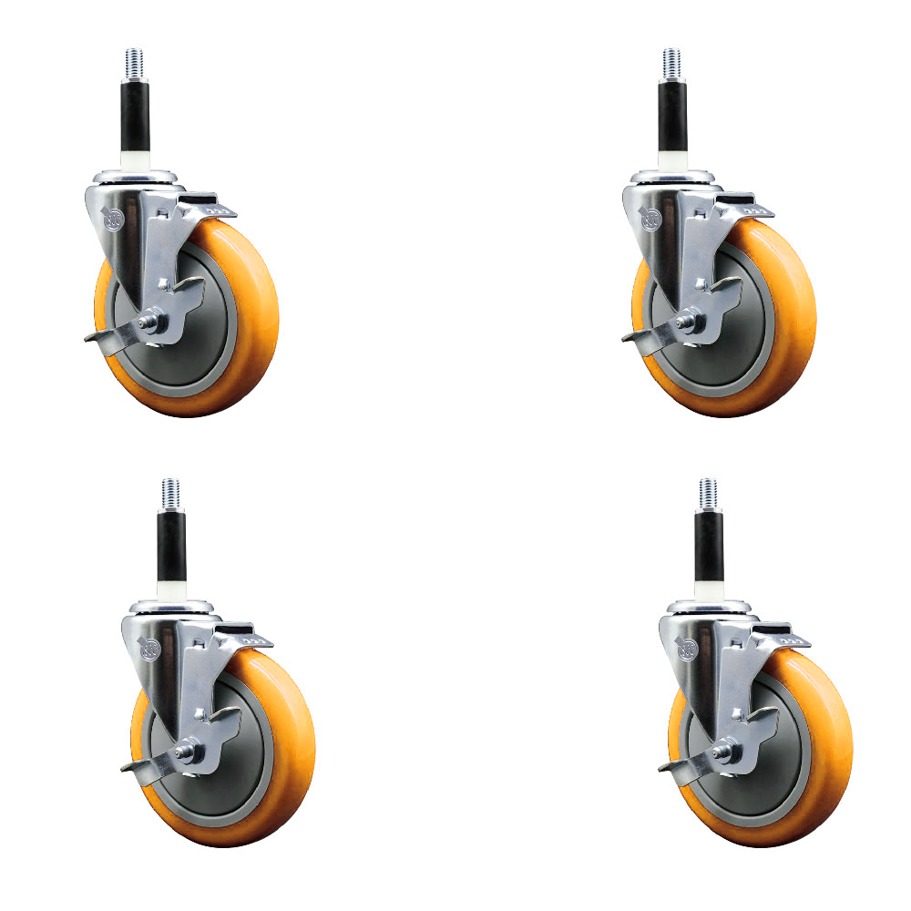 Stainless Steel Polyurethane Swivel Expanding Stem Caster Set of 4 with 5 Inch Yellow Wheels and 7/8" Stems-Includes 4 Swivel with Top Locking Brakes-350 lbs. Capacity Per Caster- Service Caster Brand — photo 1