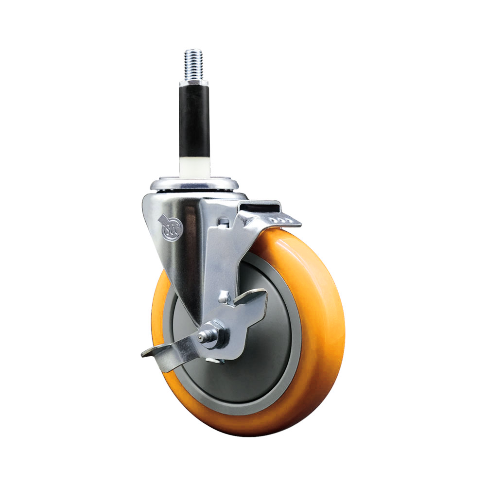 Polyurethane Swivel Stem Caster with 5 Inch Yellow Caster Wheel and Top Lock Brake - 7/8" Expanding Stem - 316 Stainless Steel Caster - 350 lbs. Capacity Per Caster - Service Caster Brand — photo 1