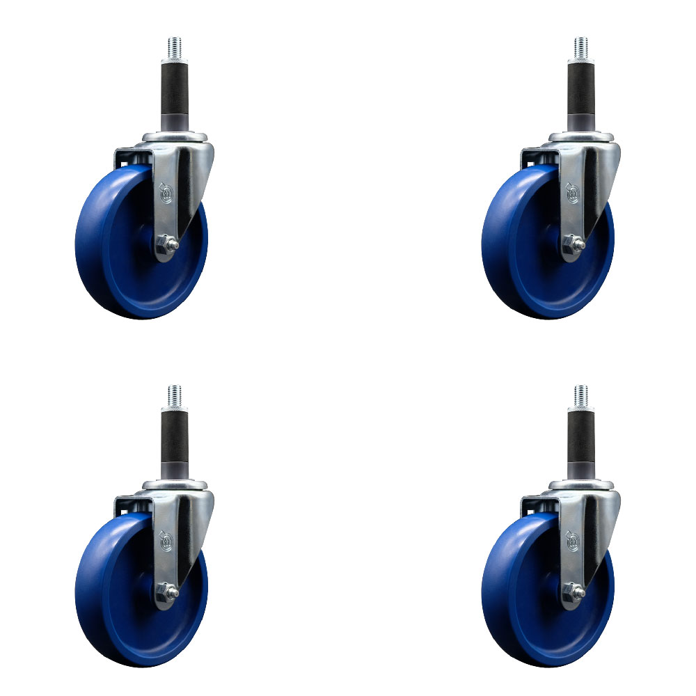 Stainless Steel Solid Polyurethane Swivel Expanding Stem Caster Set of 4 with 5 Inch Blue Wheels and 1" Stems - Includes 4 Swivel - 300 lbs. Capacity Per Caster - Service Caster Brand — photo 1