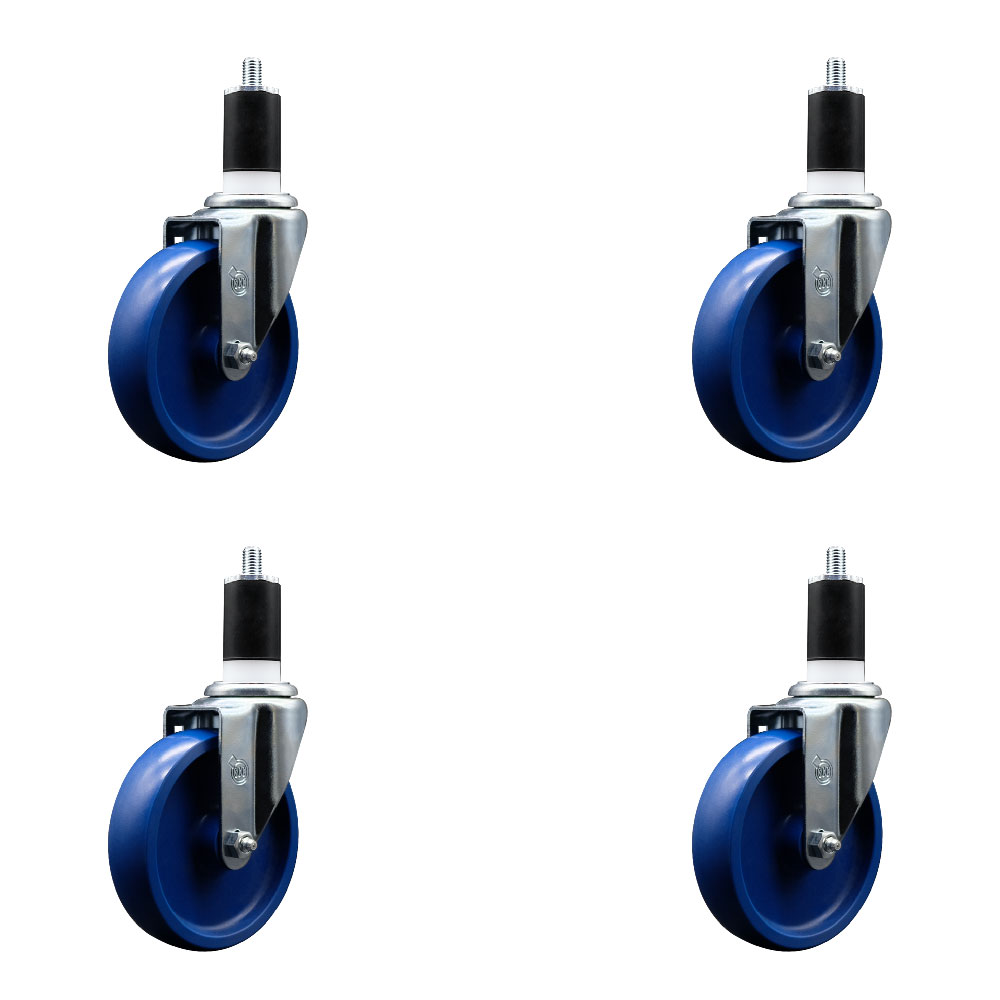 Solid Polyurethane Swivel Expanding Stem Caster Set of 4 with 5 Inch Blue Wheels and 1-1/2" Stems - 300 lbs. Capacity Per Caster - Service Caster Brand — photo 1