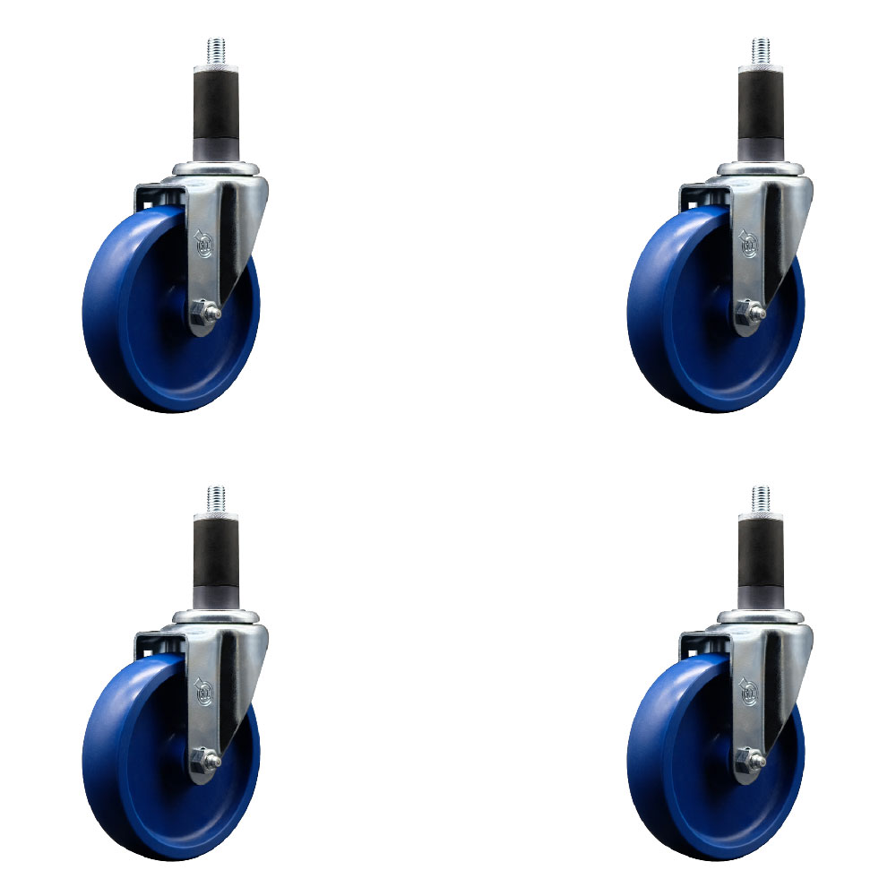 Solid Polyurethane Swivel Expanding Stem Caster Set of 4 with 5 Inch Blue Wheels and 1-1/4" Stems - 300 lbs. Capacity Per Caster - Service Caster Brand — photo 1