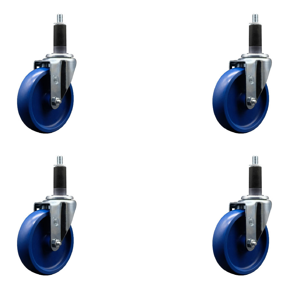 Stainless Steel Solid Polyurethane Swivel Expanding Stem Caster Set of 4 with 5 Inch Blue Wheels and 1-1/8" Stems - Includes 4 Swivel - 300 lbs. Capacity Per Caster - Service Caster Brand — photo 1