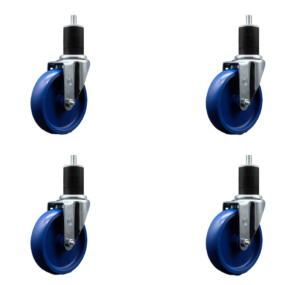 Solid Polyurethane Swivel Expanding Stem Caster Set of 4 with 5 Inch Blue Wheels and 1-3/4" Stems - 300 lbs. Capacity Per Caster - Service Caster Brand — photo 1