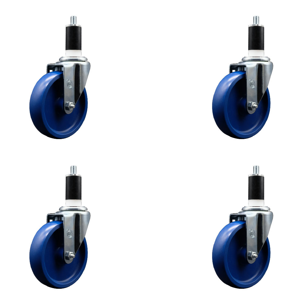 Stainless Steel Solid Polyurethane Swivel Expanding Stem Caster Set of 4 with 5 Inch Blue Wheels and 1-3/8" Stems - Includes 4 Swivel - 300 lbs. Capacity Per Caster - Service Caster Brand — photo 1