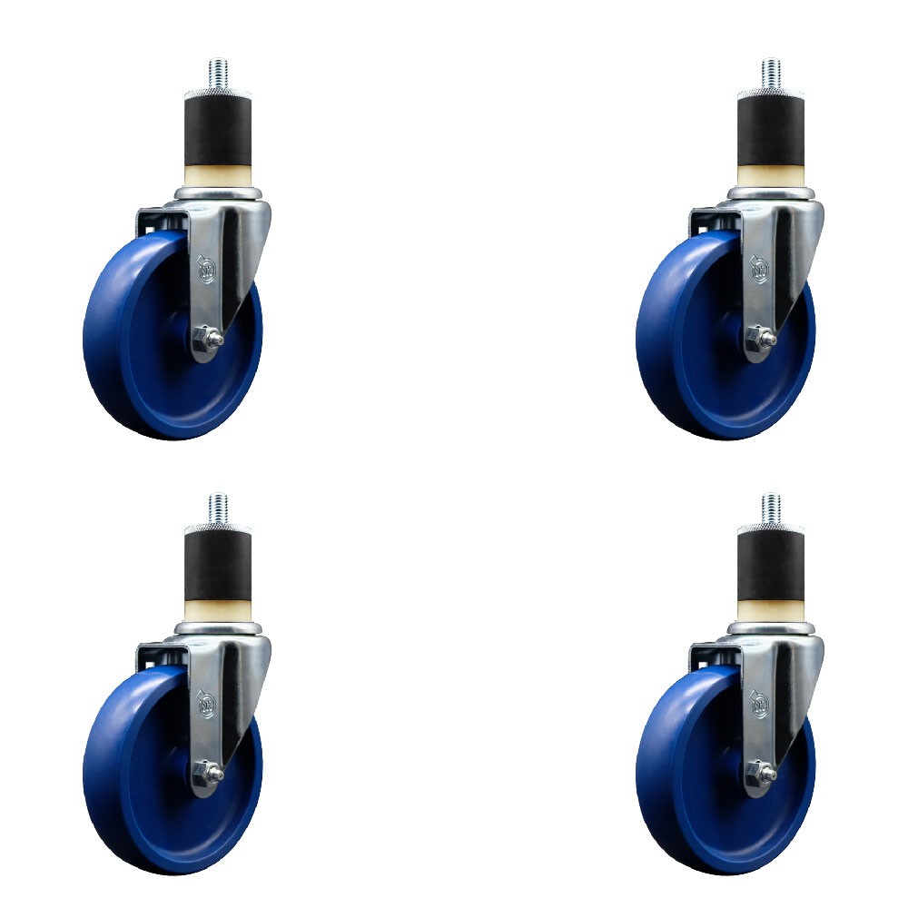 Stainless Steel Solid Polyurethane Swivel Expanding Stem Caster Set of 4 with 5 Inch Blue Wheels and 1-7/8" Stems - Includes 4 Swivel - 300 lbs. Capacity Per Caster - Service Caster Brand — photo 1