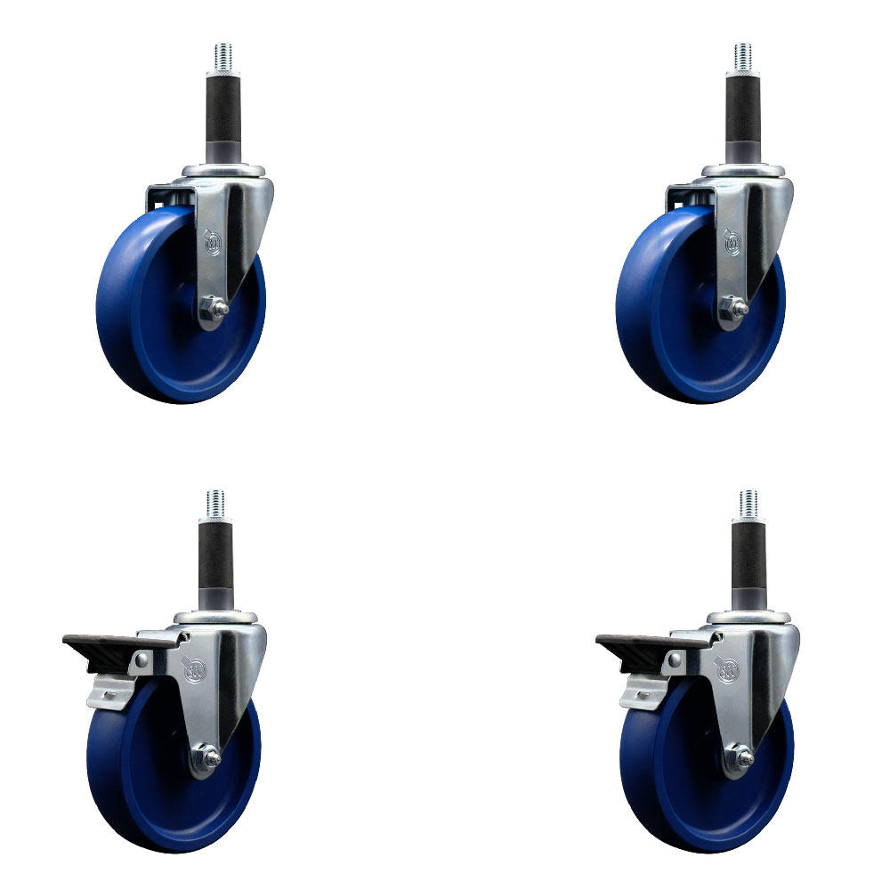 Solid Polyurethane Swivel Expanding Stem Caster Set of 4 with 5 Inch Blue Wheels and 1" Stems - Includes 2 with Posi Locking Brakes - 1200 lbs Total Capacity - Service Caster Brand — photo 1