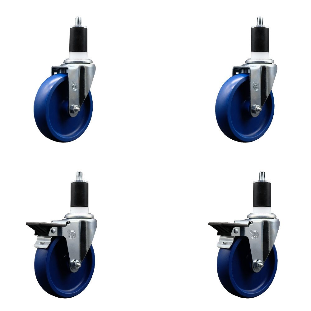 Solid Polyurethane Swivel Expanding Stem Caster Set of 4 with 5 Inch Blue Wheels and 1-1/2" Stems - Includes 2 with Posi Locking Brakes - 1200 lbs Total Capacity - Service Caster Brand — photo 1