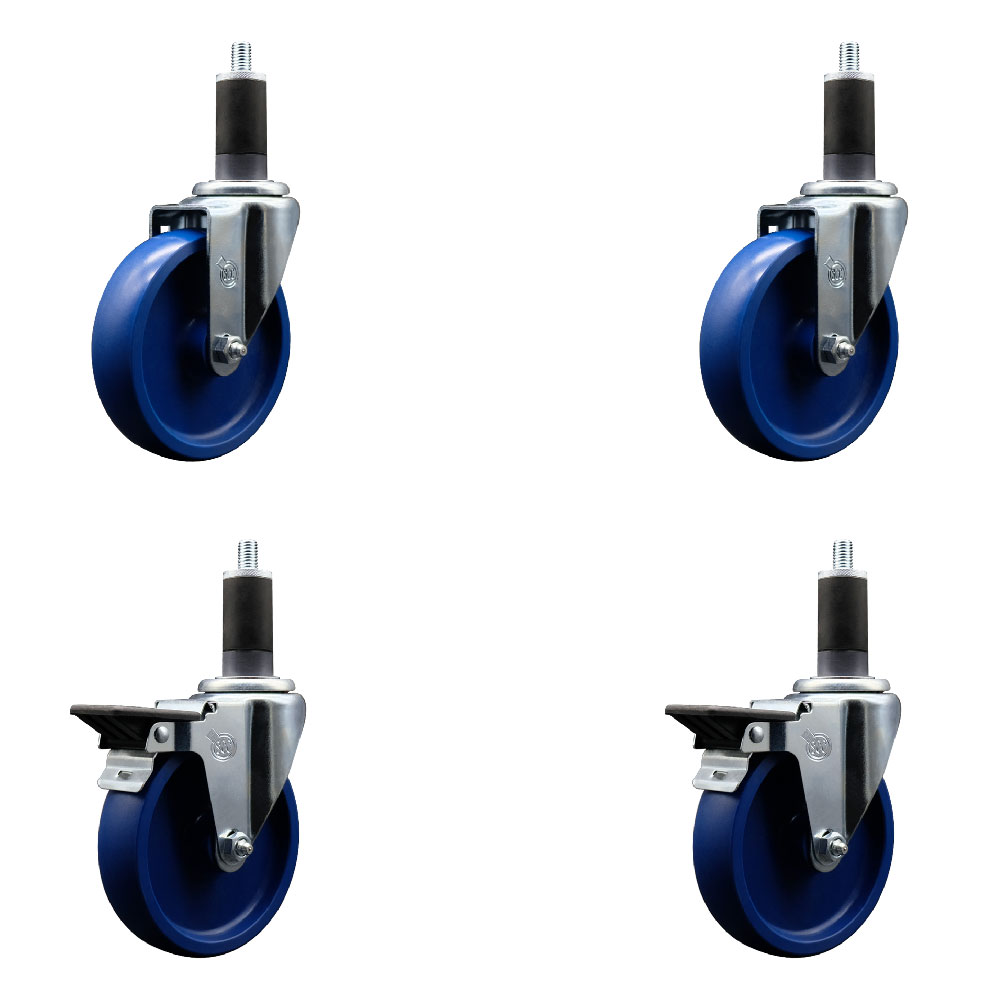 Solid Polyurethane Swivel Expanding Stem Caster Set of 4 with 5 Inch Blue Wheels and 1-1/4" Stems - Includes 2 with Posi Locking Brakes - 1200 lbs Total Capacity - Service Caster Brand — photo 1
