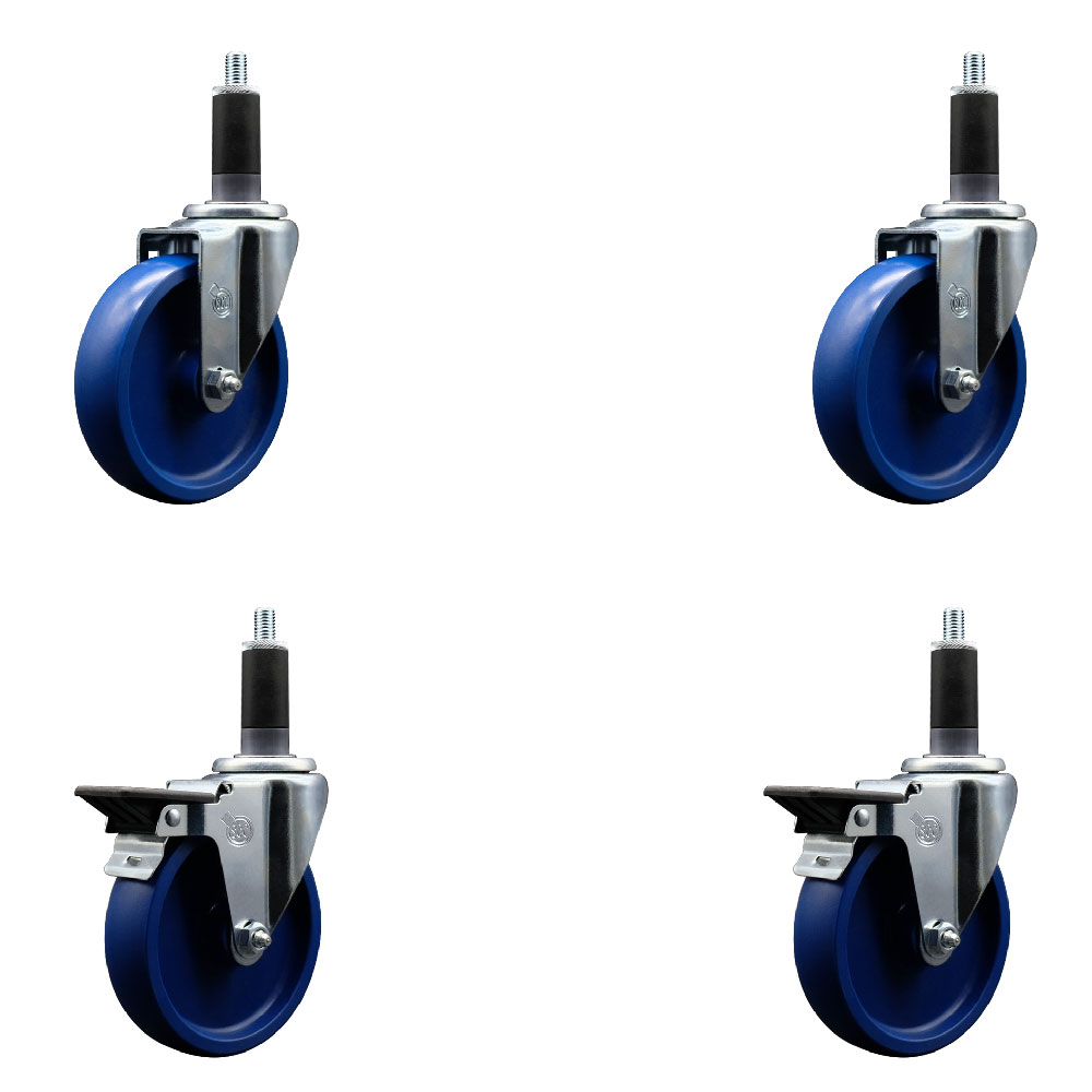 Solid Polyurethane Swivel Expanding Stem Caster Set of 4 with 5 Inch Blue Wheels and 1-1/8" Stems - Includes 2 with Posi Locking Brakes - 1200 lbs Total Capacity - Service Caster Brand — photo 1