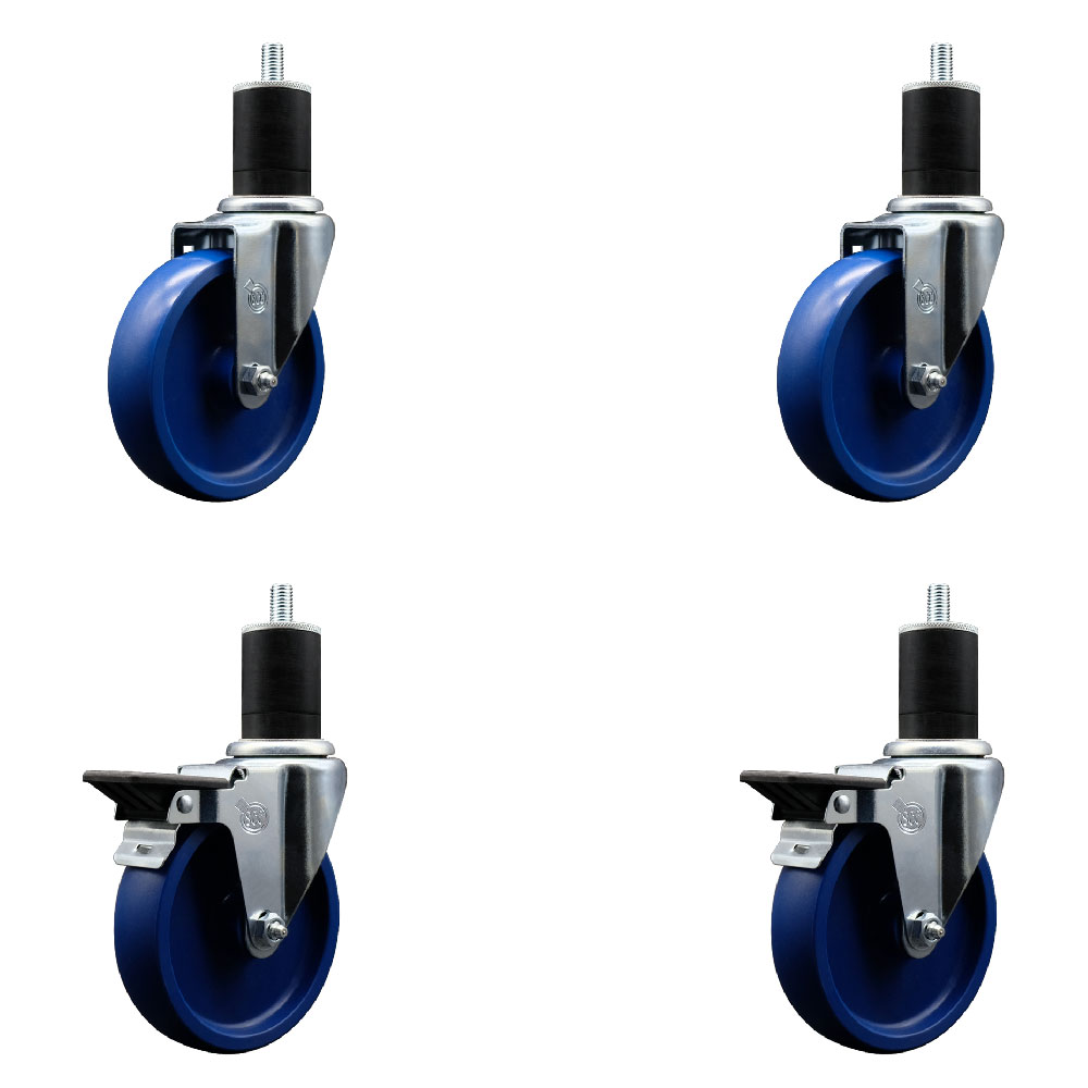 Solid Polyurethane Swivel Expanding Stem Caster Set of 4 with 5 Inch Blue Wheels and 1-3/4" Stems - Includes 2 with Posi Locking Brakes - 1200 lbs Total Capacity - Service Caster Brand — photo 1