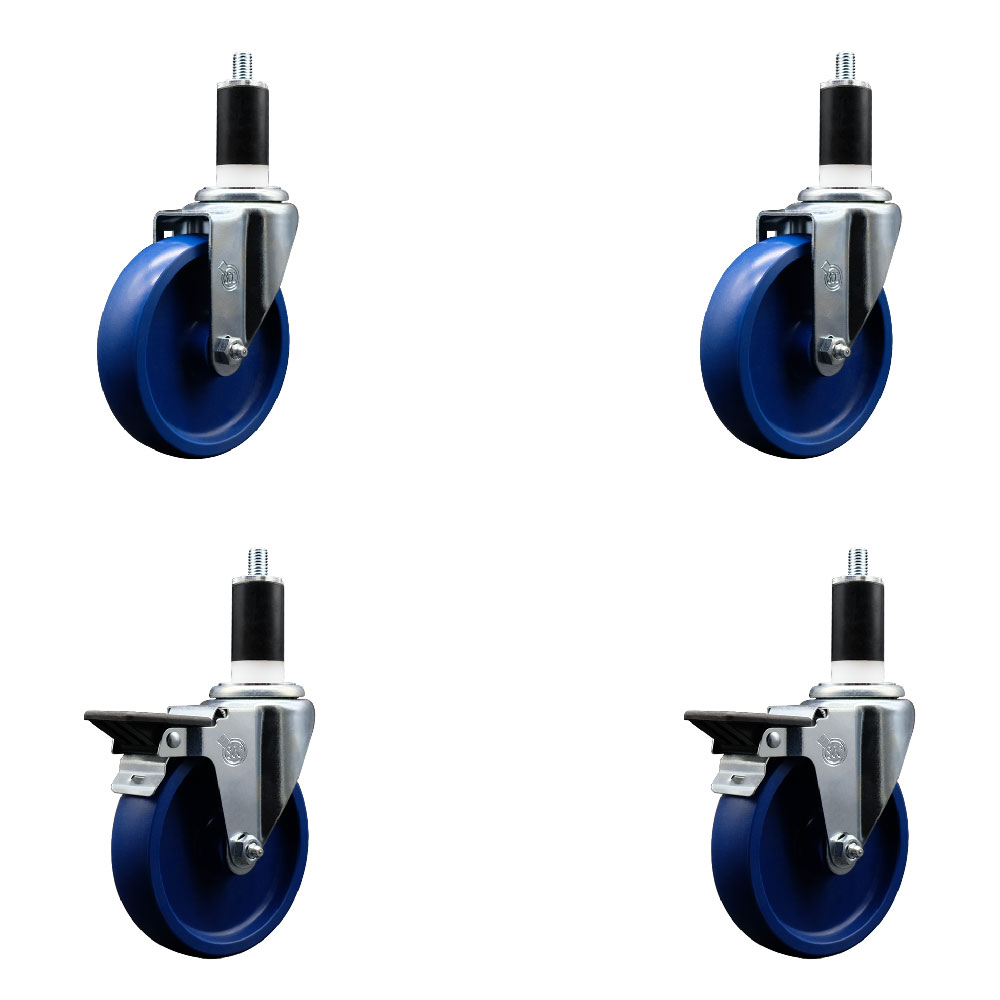 Solid Polyurethane Swivel Expanding Stem Caster Set of 4 with 5 Inch Blue Wheels and 1-3/8" Stems - Includes 2 with Posi Locking Brakes - 1200 lbs Total Capacity - Service Caster Brand — photo 1